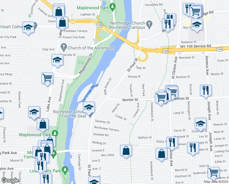 map of restaurants, bars, coffee shops, grocery stores, and more near 1702 Saint Paul Street in Rochester
