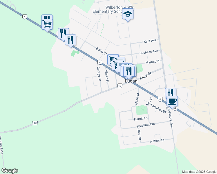 map of restaurants, bars, coffee shops, grocery stores, and more near 184 Water Street in Lucan