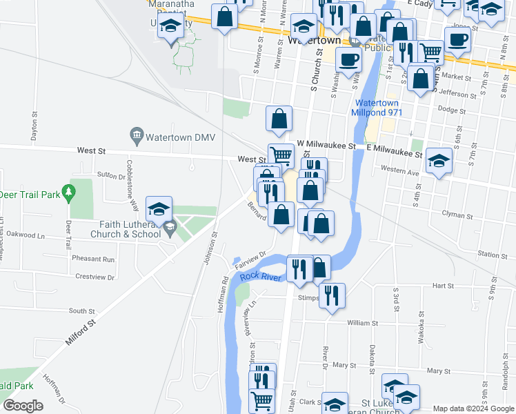 map of restaurants, bars, coffee shops, grocery stores, and more near 600 Bernard Street in Watertown