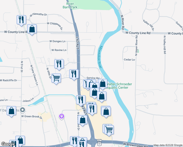 map of restaurants, bars, coffee shops, grocery stores, and more near 4000 West Rivers Edge Circle in Brown Deer
