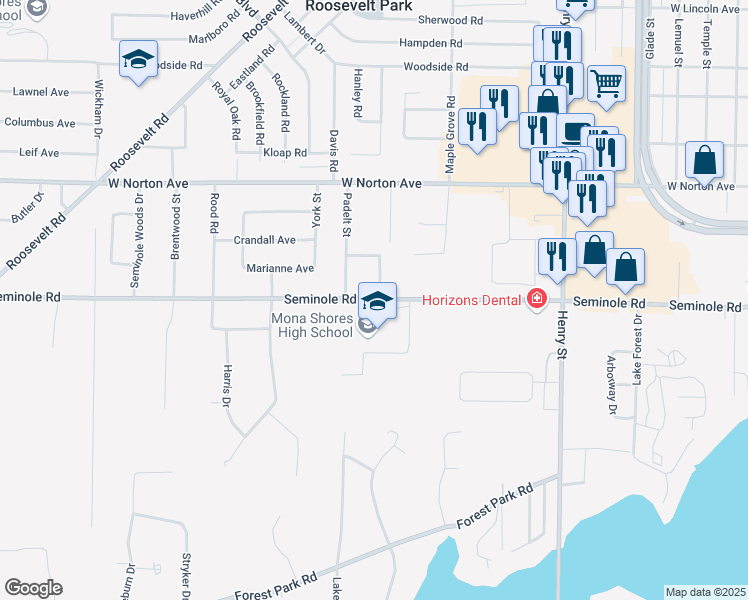 map of restaurants, bars, coffee shops, grocery stores, and more near 1121 Seminole Road in Norton Shores