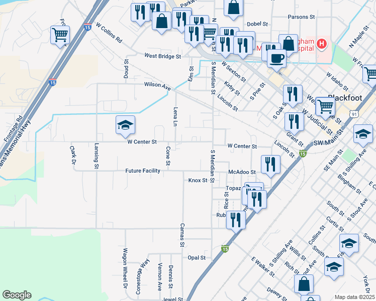 map of restaurants, bars, coffee shops, grocery stores, and more near 625 McAdoo Street in Blackfoot