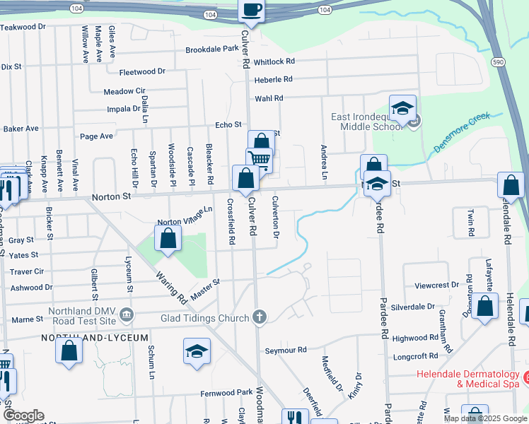 map of restaurants, bars, coffee shops, grocery stores, and more near 2200 Culver Road in Rochester