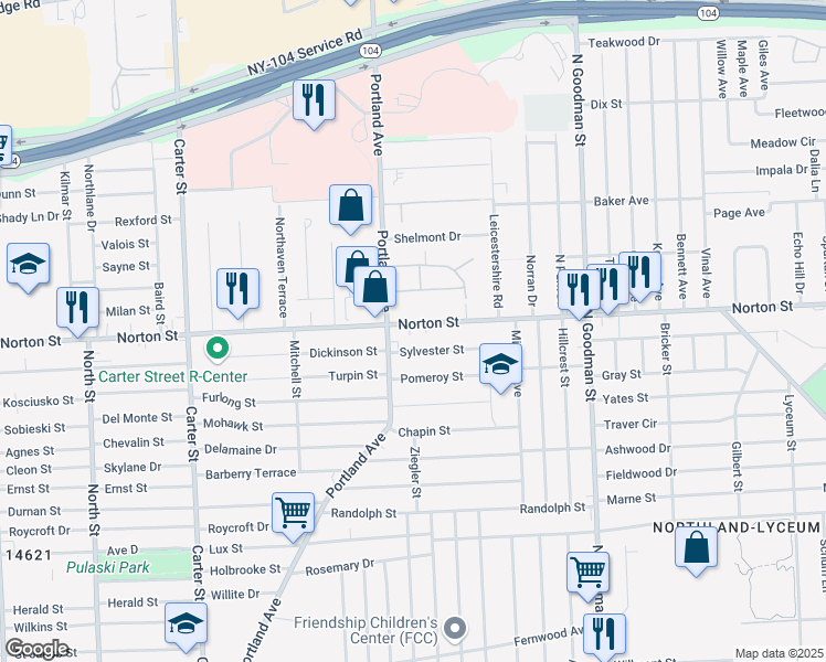 map of restaurants, bars, coffee shops, grocery stores, and more near 33 Sylvester Street in Rochester