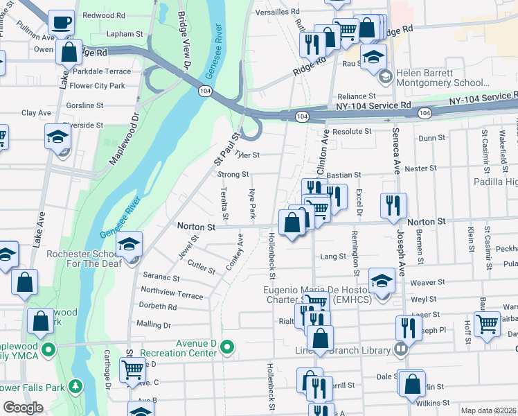 map of restaurants, bars, coffee shops, grocery stores, and more near 234 Norton Street in Rochester