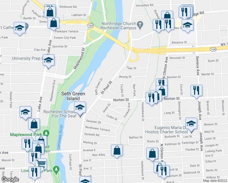 map of restaurants, bars, coffee shops, grocery stores, and more near 130 Norton Street in Rochester