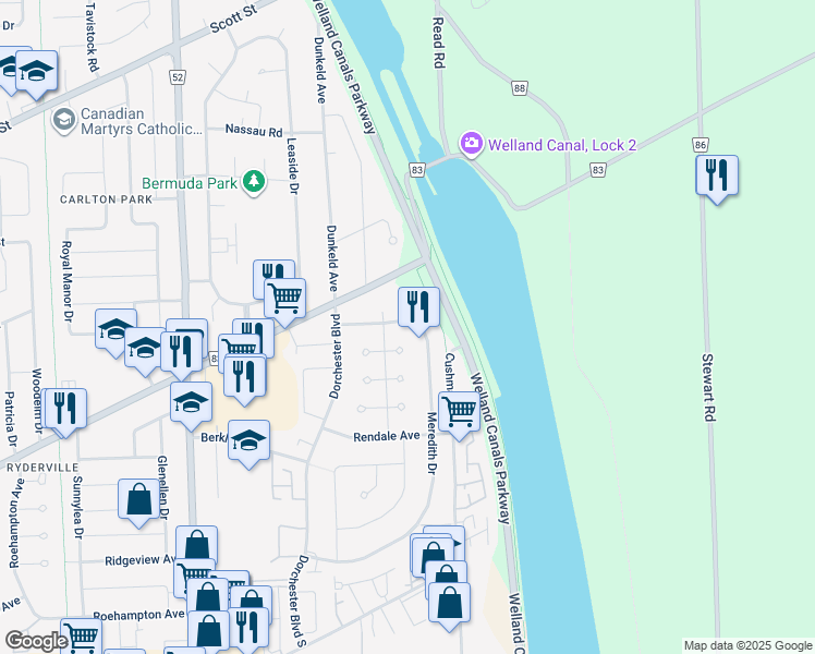 map of restaurants, bars, coffee shops, grocery stores, and more near in St. Catharines