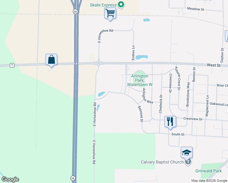 map of restaurants, bars, coffee shops, grocery stores, and more near 622 Belmont Drive in Watertown