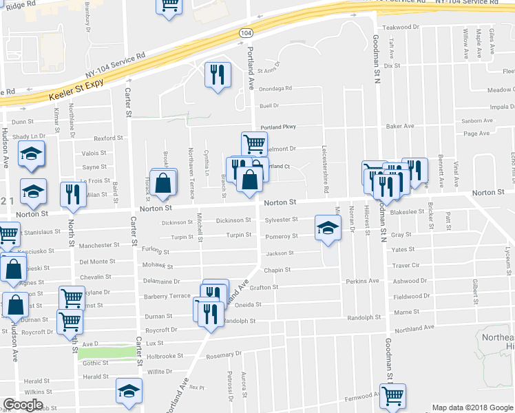 map of restaurants, bars, coffee shops, grocery stores, and more near 1176 Portland Avenue in Rochester