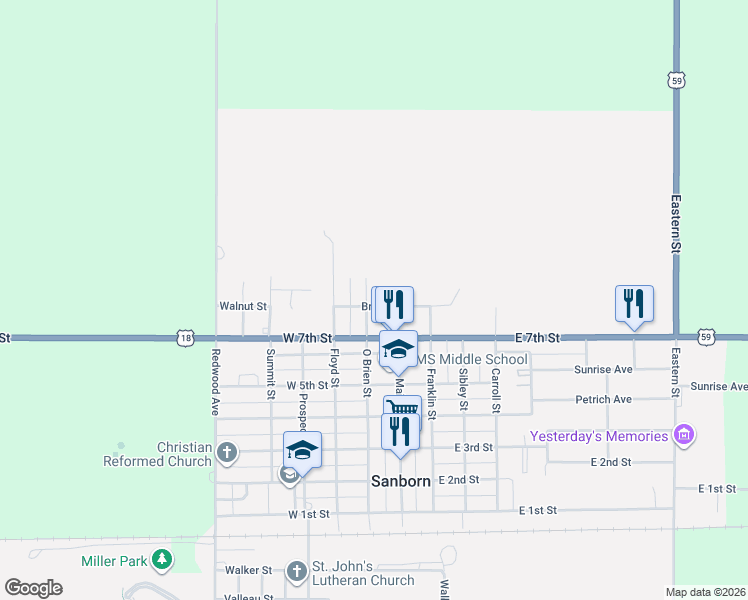 map of restaurants, bars, coffee shops, grocery stores, and more near 100-198 W 7th St in Sanborn