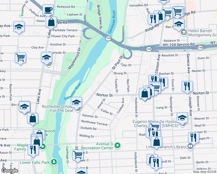 map of restaurants, bars, coffee shops, grocery stores, and more near 130 Norton Street in Rochester