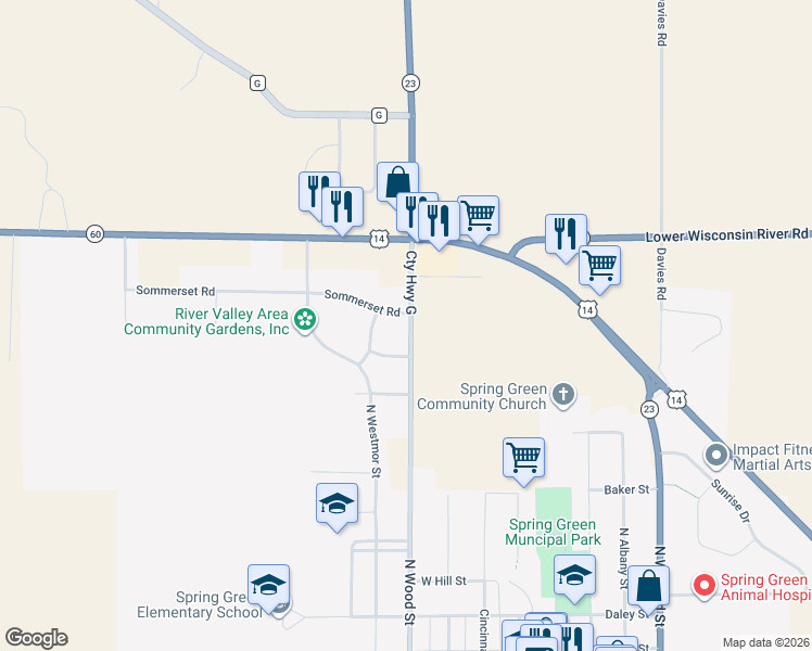 map of restaurants, bars, coffee shops, grocery stores, and more near Cty Highway G in Spring Green