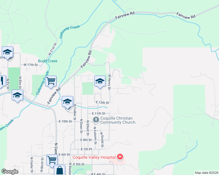 map of restaurants, bars, coffee shops, grocery stores, and more near 1220 N Henry St in Coquille