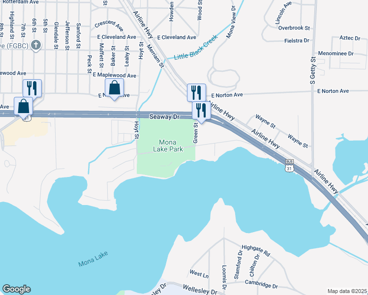 map of restaurants, bars, coffee shops, grocery stores, and more near 396 Lake Shore Boulevard in Norton Shores