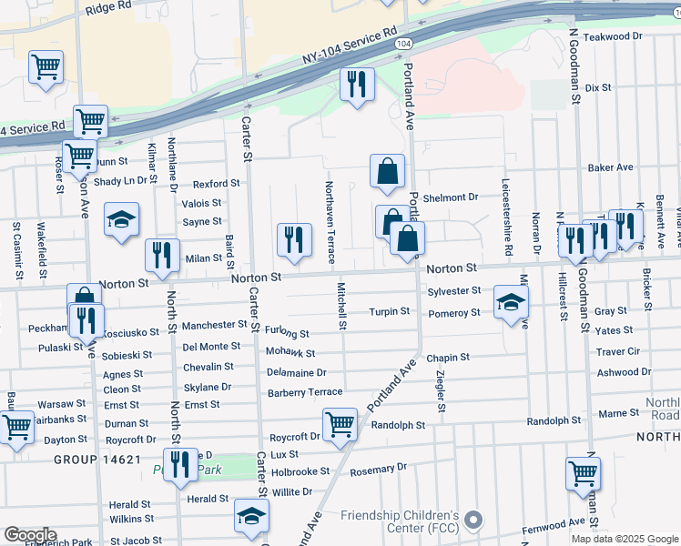 map of restaurants, bars, coffee shops, grocery stores, and more near Norton St & Mitchell St in Rochester