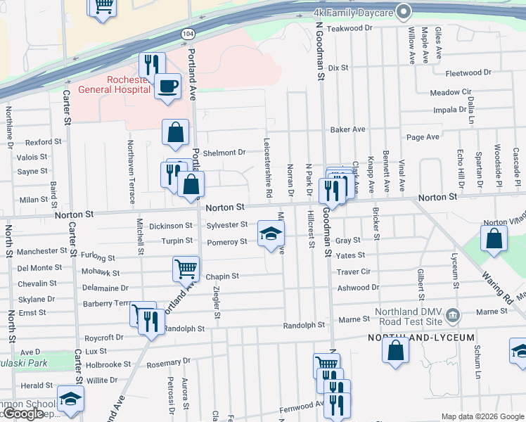 map of restaurants, bars, coffee shops, grocery stores, and more near 141 Sylvester Street in Rochester