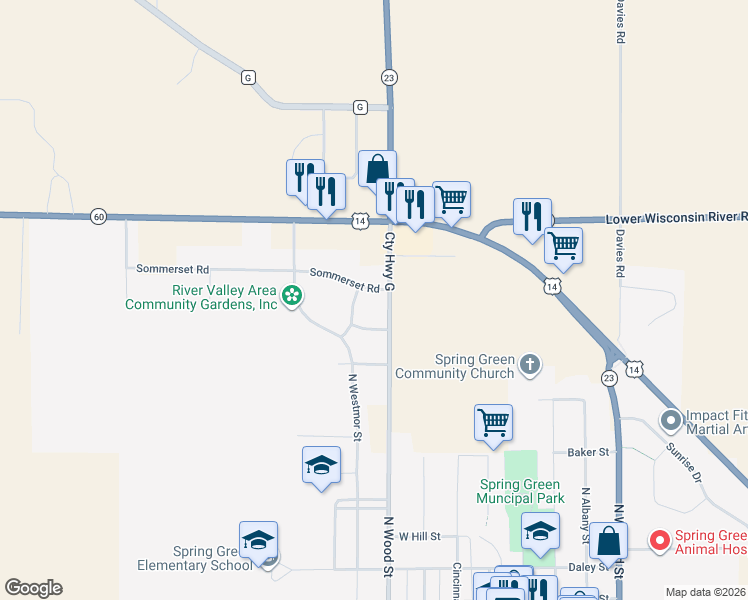 map of restaurants, bars, coffee shops, grocery stores, and more near 513 Jordan Way in Spring Green