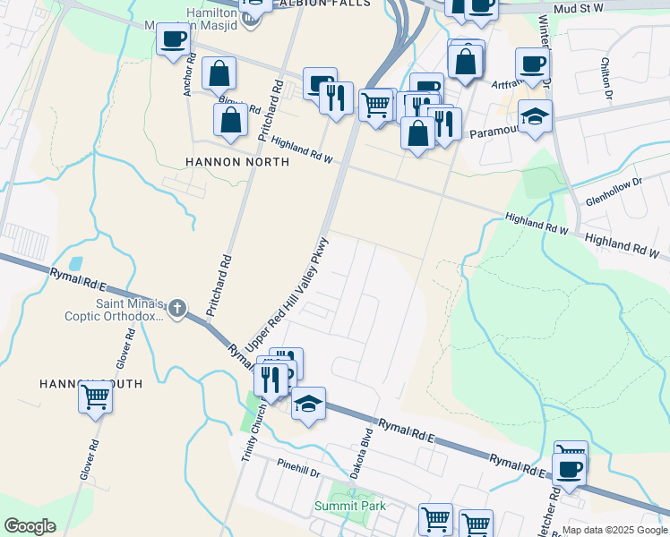 map of restaurants, bars, coffee shops, grocery stores, and more near 30 Times Square Boulevard in Hamilton