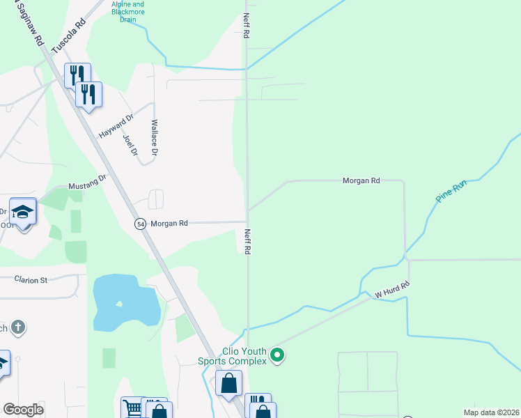 map of restaurants, bars, coffee shops, grocery stores, and more near 12364 Neff Road in Clio