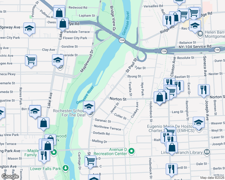 map of restaurants, bars, coffee shops, grocery stores, and more near 1701 Saint Paul Street in Rochester
