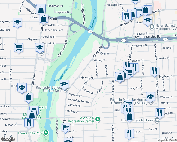 map of restaurants, bars, coffee shops, grocery stores, and more near 1760 Saint Paul Street in Rochester