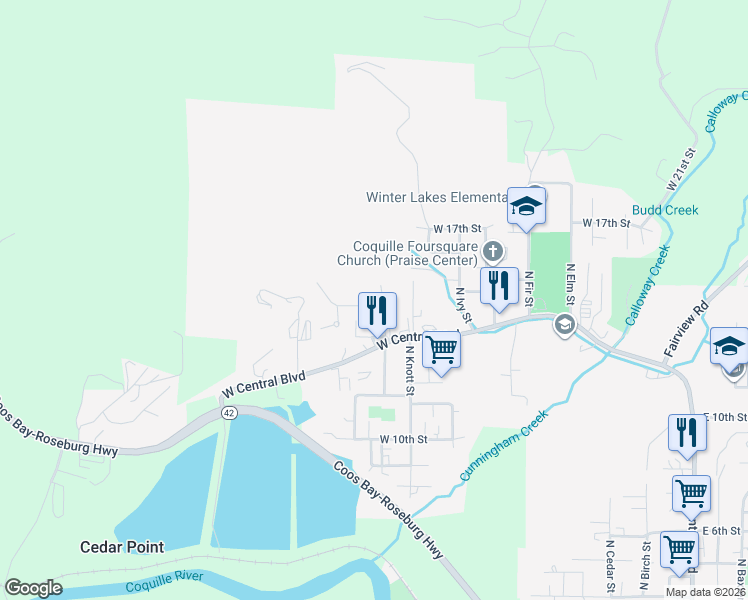 map of restaurants, bars, coffee shops, grocery stores, and more near 1447 North Laurel Street in Coquille