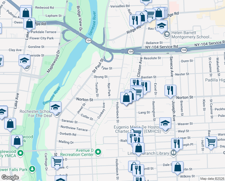 map of restaurants, bars, coffee shops, grocery stores, and more near 72 Nye Park in Rochester