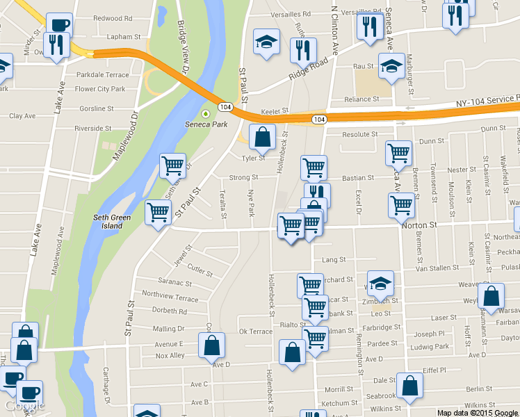 map of restaurants, bars, coffee shops, grocery stores, and more near 72 Nye Park in Rochester