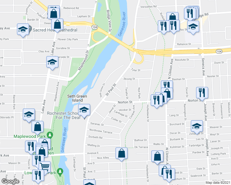 map of restaurants, bars, coffee shops, grocery stores, and more near 1760 Saint Paul Street in Rochester