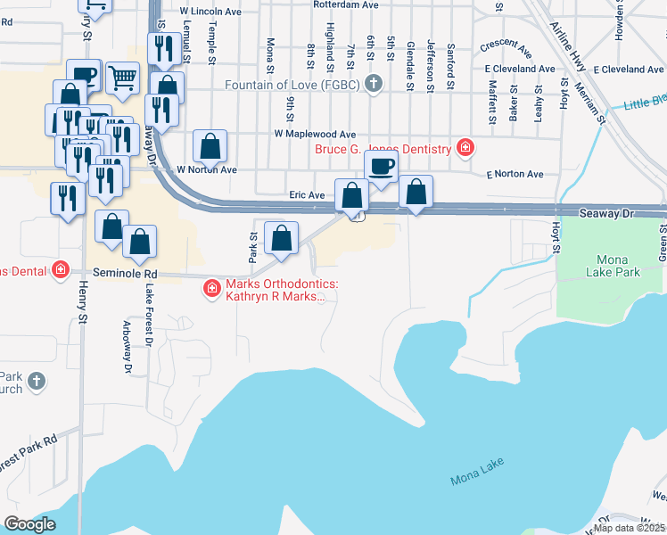 map of restaurants, bars, coffee shops, grocery stores, and more near 281 Seminole Road in Norton Shores