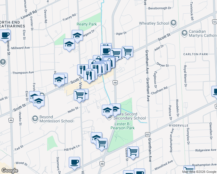 map of restaurants, bars, coffee shops, grocery stores, and more near 409 Niagara Street in St. Catharines