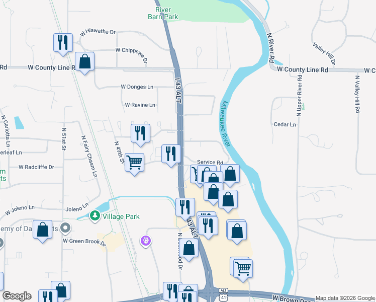 map of restaurants, bars, coffee shops, grocery stores, and more near 4253 West Rivers Edge Circle in Brown Deer