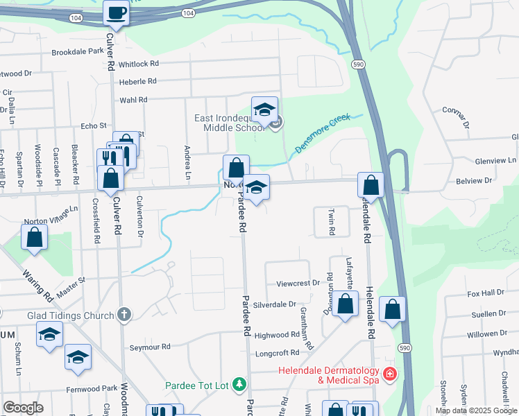 map of restaurants, bars, coffee shops, grocery stores, and more near 600 Pardee Road in Rochester