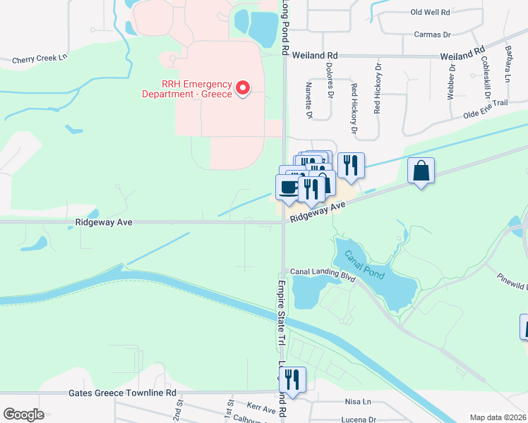 map of restaurants, bars, coffee shops, grocery stores, and more near 2626 Ridgeway Avenue in Rochester