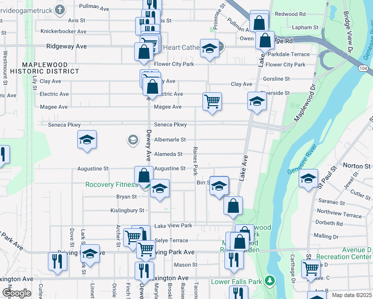 map of restaurants, bars, coffee shops, grocery stores, and more near 174 Albemarle Street in Rochester