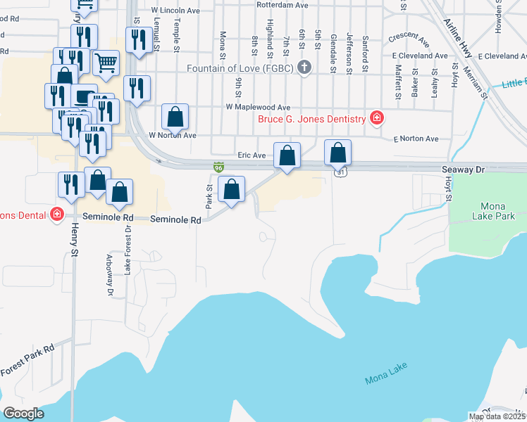 map of restaurants, bars, coffee shops, grocery stores, and more near South Eastowne Drive in Norton Shores