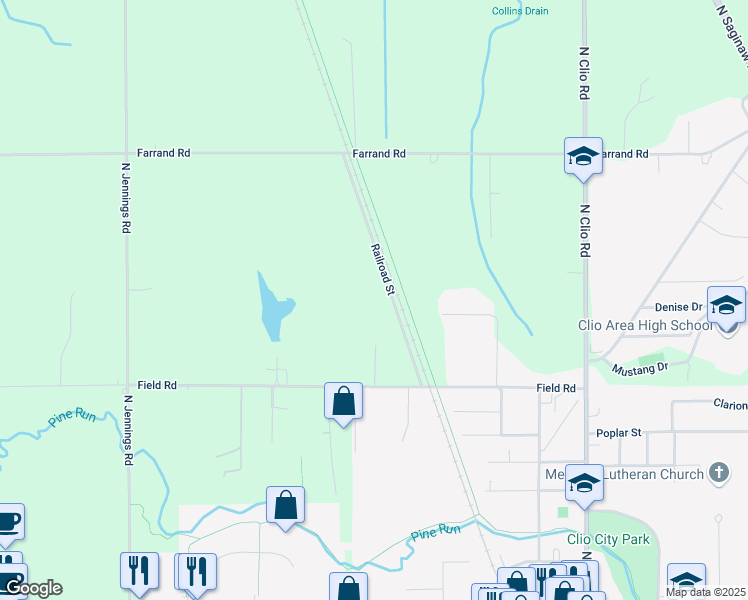 map of restaurants, bars, coffee shops, grocery stores, and more near 12391 Railroad Street in Clio