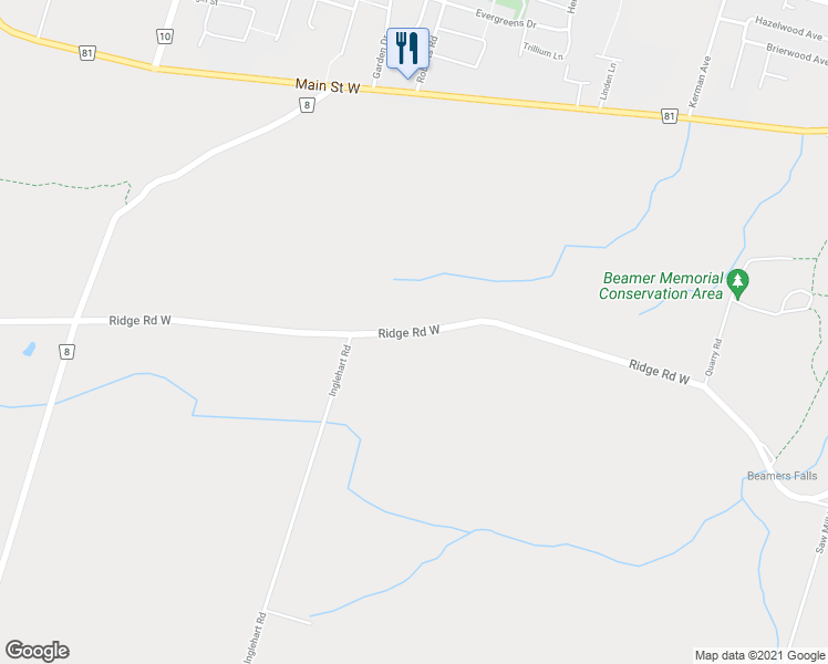 map of restaurants, bars, coffee shops, grocery stores, and more near 296 Ridge Road West in Grimsby