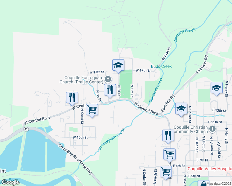 map of restaurants, bars, coffee shops, grocery stores, and more near 692 West 15th Street in Coquille