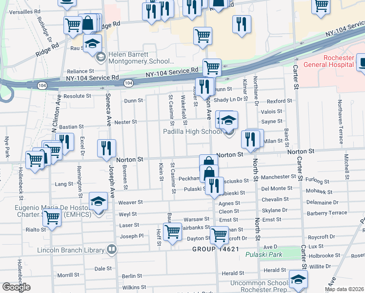 map of restaurants, bars, coffee shops, grocery stores, and more near in Rochester