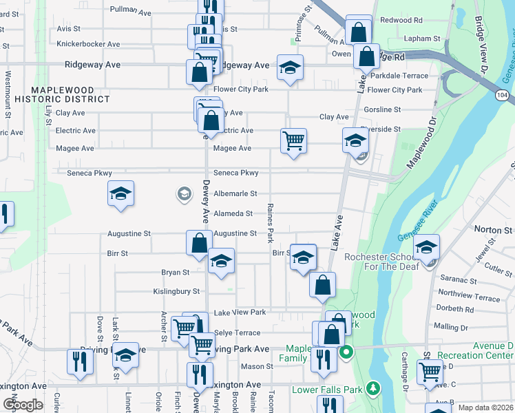 map of restaurants, bars, coffee shops, grocery stores, and more near 174 Albemarle Street in Rochester