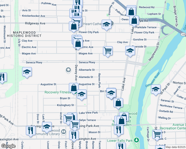 map of restaurants, bars, coffee shops, grocery stores, and more near 174 Albemarle Street in Rochester