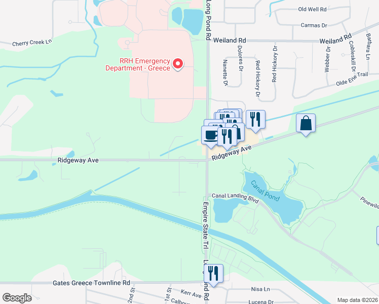 map of restaurants, bars, coffee shops, grocery stores, and more near 2626 Ridgeway Avenue in Rochester