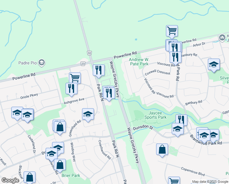 map of restaurants, bars, coffee shops, grocery stores, and more near 633 Park Road North in Brantford