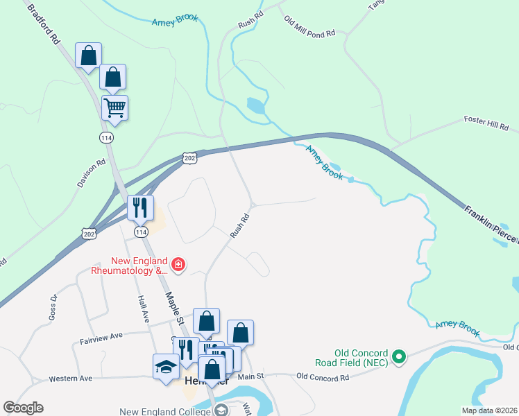 map of restaurants, bars, coffee shops, grocery stores, and more near 39 Foster Road in Henniker