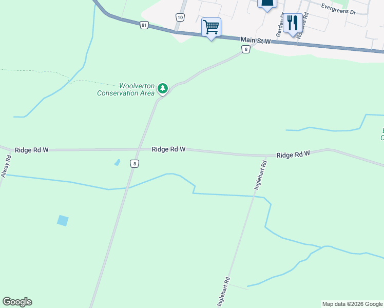 map of restaurants, bars, coffee shops, grocery stores, and more near 368 Ridge Road West in Grimsby