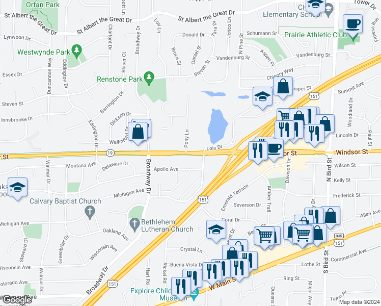 map of restaurants, bars, coffee shops, grocery stores, and more near 1498 Windsor Street in Sun Prairie