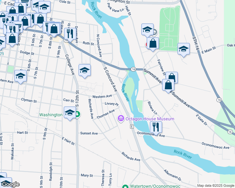 map of restaurants, bars, coffee shops, grocery stores, and more near 151 South Concord Avenue in Watertown
