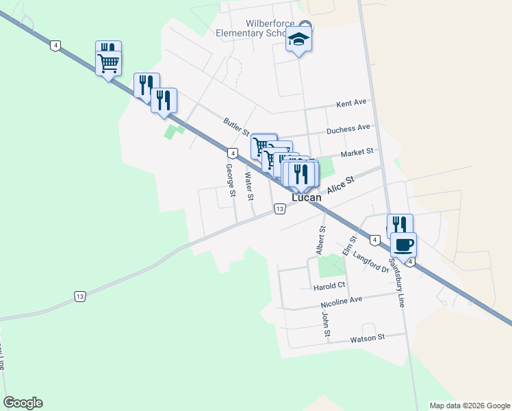map of restaurants, bars, coffee shops, grocery stores, and more near 184 Water Street in Lucan