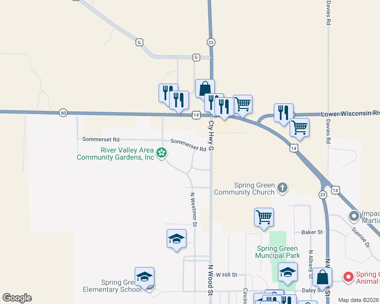 map of restaurants, bars, coffee shops, grocery stores, and more near S12523 County Road G in Spring Green
